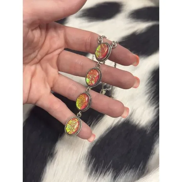 Native American Sterling Silver Pink Fire Opal 4 Stone Lariat Dangle Necklace - Picture 4 of 9